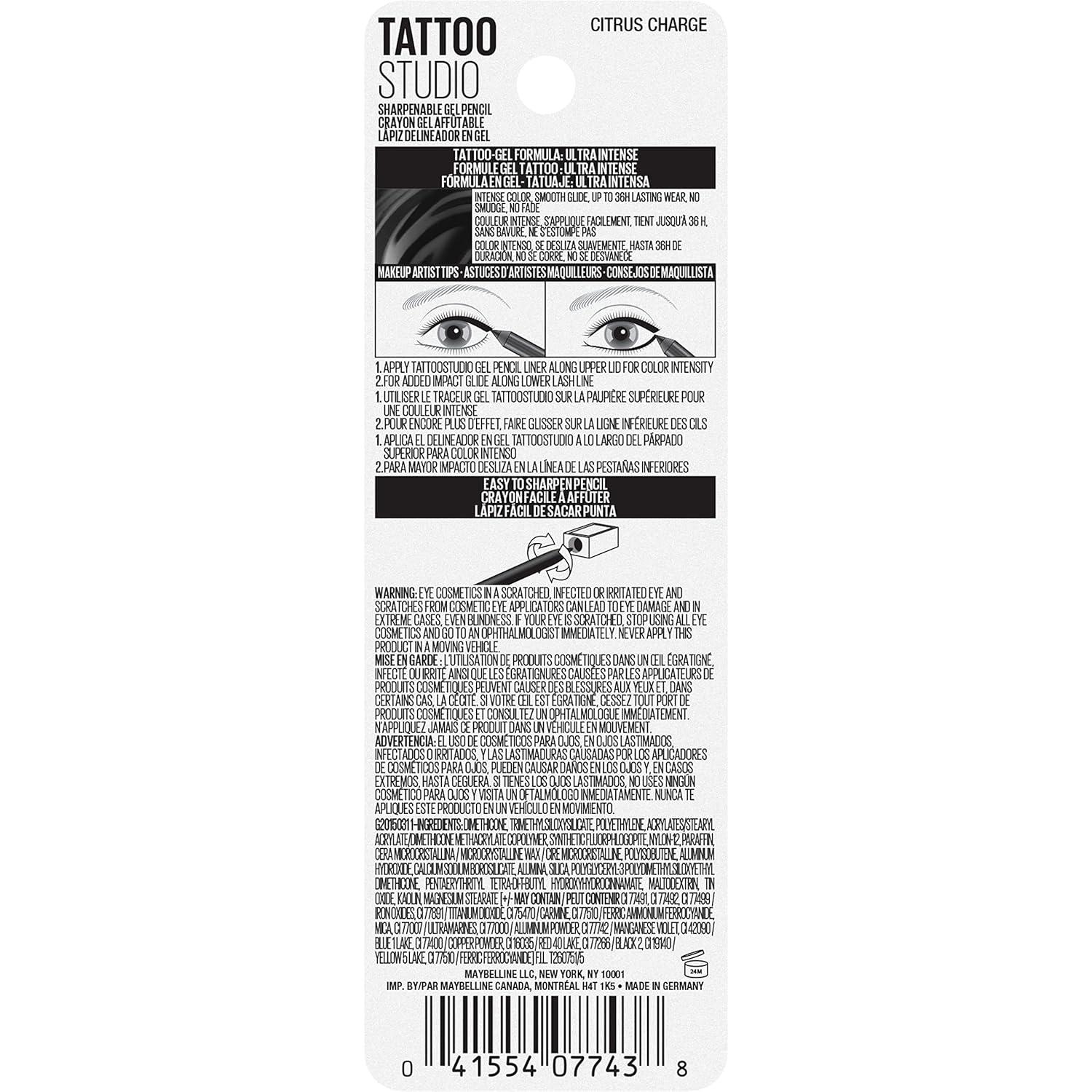 imageMAYBELLINE Tattoo Studio Sharpenable Eyeliner Pencil 36 Hour Wear Waterproof Tealtini 1 CountCitrus Charge