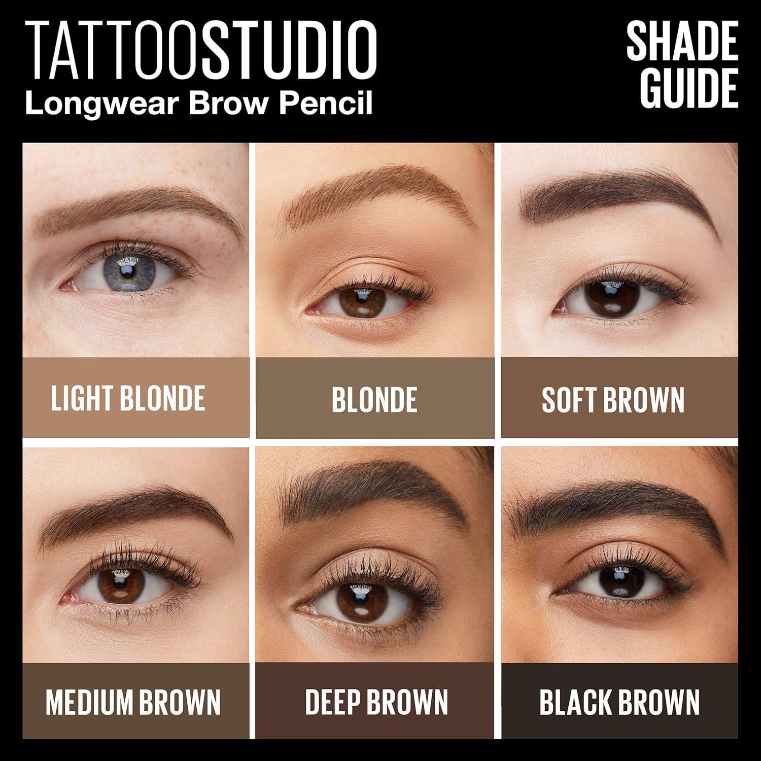 imageMaybelline TattooStudio Waterproof Eyebrow Pencil Sharpenable Longwear Long Lasting Pigmented Eyebrow Pencil for Defined Brows Black Brown 1 Count250 BLONDE