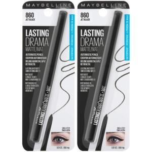 Maybelline Eyestudio Lasting Drama Waterproof Matte Gel Pencil Black Eyeliner Makeup, Jet Black, 2 Count(JET BLACK)
