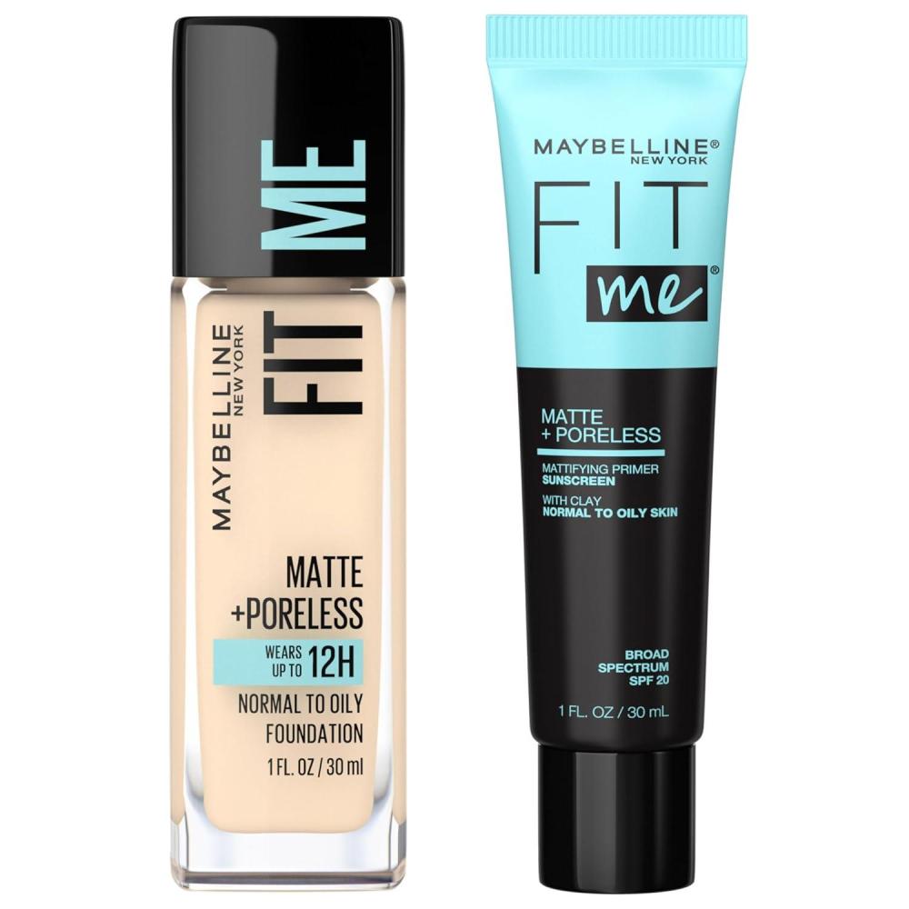 imageMaybelline Fit Me Matte  Poreless Mattifying Face Primer Makeup With Sunscreen Broad Spectrum SPF 20 16HR Wear Shine Control Clear 1 CountPrimer  Porcelain Foundation Bundle