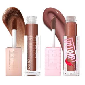 Maybelline Lifter Gloss and Lifter Plump Bundle, Hydrating, Pumping Lip Gloss in Shades Crystal and Cocoa Zing, Pack of 2