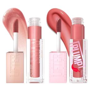 Maybelline Lifter Gloss and Lifter Plump Bundle, Hydrating, Pumping Lip Gloss in Shades Sweetheart and Red Flag, Pack of 2(Moon & Peach Fever)