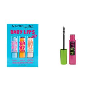 Maybelline New York Baby Lips 3-Pack Moisturizing Lip Balm (3 Shades) + Great Lash Washable Mascara Very Black, 1 Count
